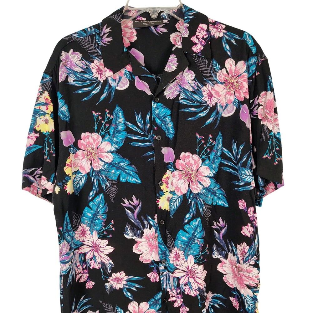 No Boundaries Mens Tropical Floral Rayon Button Down Shirt Black Pink Large L/G